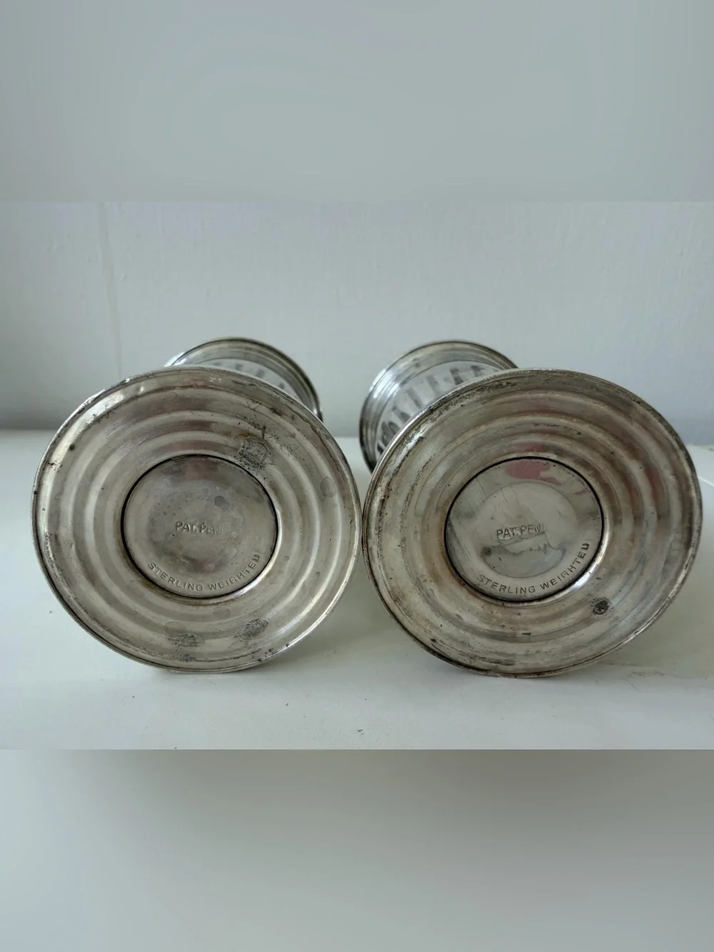 Vtg Sterling Silver Weighted Salt & Pepper Shaker Set Pat. Pend (One Without Lid